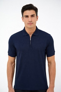 Camisa de Hombre Azul Marino de Manga Corta, Tejida, 100% Algodón, Transpirable, Bordada, con Cierre de Cremallera Frontal, Logotipo, Color Sólido, Estilo Casual - Product Image 2