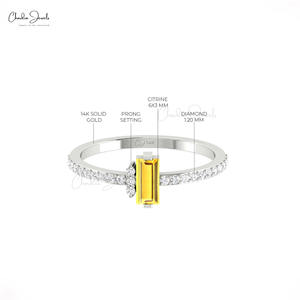 Anillo Delicado de Oro Blanco de 14k con Piedra Preciosa de Citrino Natural de Corte Baguette de 6x3mm y Doble Piedra de Nacimiento con Diamantes Pavé de 1.2mm, Talla US-7 - Product Image 2