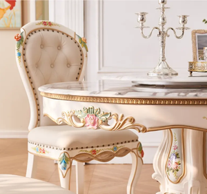 ชุดโต๊ะรับประทานอาหารทรงกลมไม้สักแท้สุดหรู ดีไซน์ฝรั่งเศส เฟอร์นิเจอร์สำหรับรับประทานอาหาร เหมาะสำหรับโรงแรม อพาร์ตเมนต์ ผลิตในอินโดนีเซีย - Product Image 4