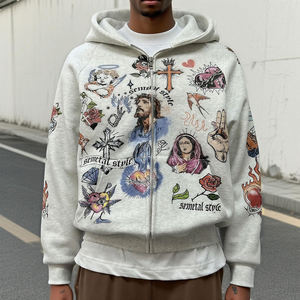 Prix de gros – Sweat à capuche zippé unisexe en coton de qualité supérieure avec impression DTG, personnalisable, style streetwear, gris chiné - Product Image 1