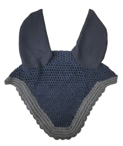 Voile anti-mouches pour cheval en crochet bleu marine avec bordure grise, couvre-oreilles doux et confortables, faits à la main, haute qualité, couleur personnalisable - Product Image 1