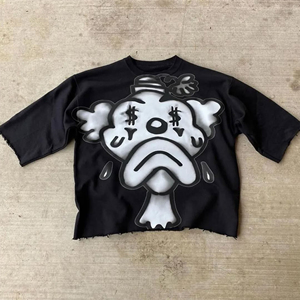 Sad Clown Dollar Eyes Graphic T-Shirt Black Oversized <b>Distressed</b> Crop <b>Top</b> Streetwear Clown Face Tee Unisex - Product Image 1