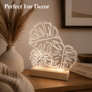 Modern Acrylic LED Lamp with Tropical <b>Leaf</b> Design | Warm Ambient Night <b>Light</b> with Wooden Base for Bedroom Bedside Table and Home - Product Image 5