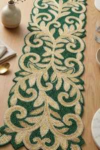 แผ่นรองโต๊ะผ้าทำมือรูปใบไม้ลายจีนโบราณสีเขียวทองปักลาย - Product Image 4