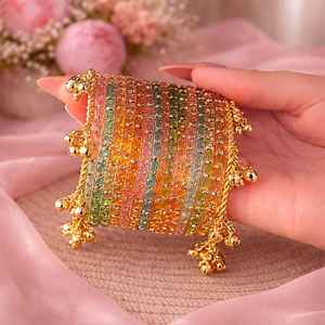 Premium Gold Plated Trendy Multi-Tone Glass & Pearl Kashmiri <b>Bangle</b> <b>Set</b> Ombre Finish Glitter Accents Traditional Wedding - Product Image 3