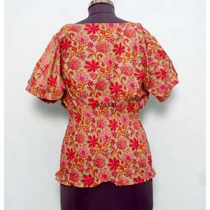 Túnica Informal de Estilo Indio con Estampado Floral Vintage, 100% Algodón Lavable, Cuello Barco, Manga Media, Estilo Femenino - Product Image 6