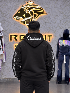 Sweat à capuche zippé oversize pour homme en molleton noir, style streetwear, avec logo imprimé sur le devant et détails pailletés - Product Image 2