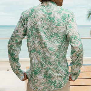 Camisa informal de manga larga con estampado de palmeras tropicales para hombre, cuello vuelto, camisa de popelina tejida con botones para verano - Product Image 5