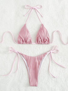 Ensemble bikini côtelé deux pièces pour femme, maillot de bain croisé à dos nu, bas string, couleur unie, extensible, tenue de plage - Product Image 2