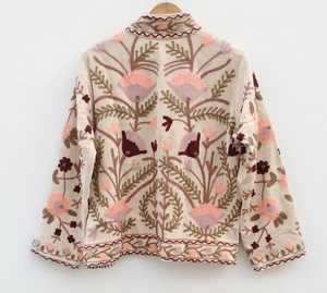 Veste en coton brodée de fleurs, col mandarin, manches longues, style Prairie Chic, faite à la main, pour femme, bleue - Product Image 2