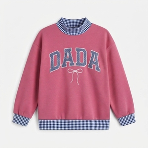 เสื้อสเวตเชิ้ตคอกลมพิมพ์ลาย Mama Letter สำหรับผู้หญิง สไตล์ลำลองสำหรับฤดูใบไม้ร่วง ตกแต่งด้วยผ้ากิ๊งแฮมส์สีม่วงและโบว์ประดับกลิตเตอร์ - Product Image 3