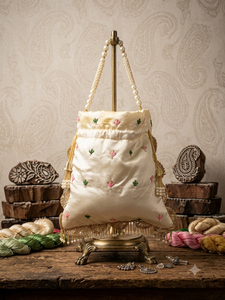 Pochette de soirée traditionnelle élégante en soie brodée motif vache, avec poignée perlée en satin et chaîne, idéale pour mariage - Product Image 3