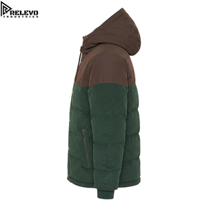 Men OEM <b>Corduroy</b> Puffer <b>Jacket</b>, <b>Brown</b> and Forest Green Hooded Quilted Winter <b>Jacket</b> with Snap-Zip Closure - Product Image 3