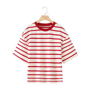 Camiseta corta de algodón con estampado serigrafiado y bloques de color, de punto acanalado ajustado, personalizada al por mayor, para mujer - Product Image 1