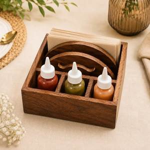 Raw Wooden Spice Organizer Storage <b>Holder</b> With Tissue Box And <b>Utensil</b> Rack For <b>Kitchen</b> Multifunctional Standing Type Storage - Product Image 5