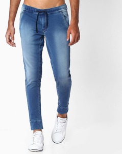 Blue Washed <b>Men</b> Denim Jogger Pants Knitted Jeans Mid Rise Elastic Waist <b>Stretch</b> Casual Trousers - Product Image 1