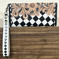 Portefeuille-pochette pour femme en cuir de vachette véritable, artisanal, style western, avec motif à carreaux diamantés et rabat floral sculpté