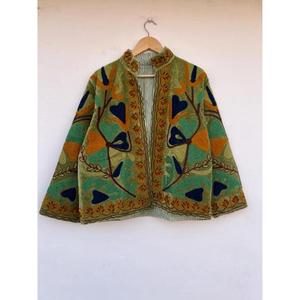 Premium Green Floral Embroidered Knitted Breathable Cotton Suzani <b>Jacket</b> Autumn Winter Regular Coat Gift Her - Product Image 1
