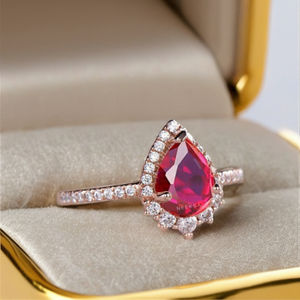 6*8 mm Pear-Shaped Lab-Grown Ruby 10K Solid <b>Gold</b> <b>Ring</b> Halo Half Eternity <b>Vintage</b> <b>Ring</b> Handmade Ruby Engagement <b>Ring</b> From India - Product Image 2