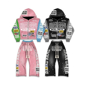 Plus Size Heavyweight Men's Tracksuit Custom Logo Print Acid Wash Zip up Hoodie and <b>Sweatpants</b> <b>Set</b> for Men Training Tracksuit - Product Image 1