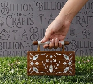 Chic Inlaid <b>White</b> Pearl Shell Wood Hardcase <b>Clutch</b> Sophisticated Indian Handicraft Dubai Style Party Handbag - Product Image 1