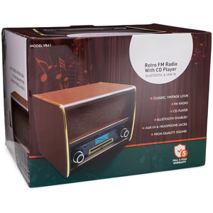 Radio rétro AM/FM avec lecteur CD, Bluetooth, entrée auxiliaire, haut-parleurs intégrés de haute qualité, design vintage en bois - Product Image 4