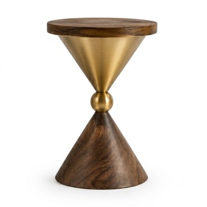 Ribbed Triangular Design Metal Base <b>Round</b> TOP Walnut Finish Mango Wood <b>Side</b> <b>Table</b> For Home living Furniture - Product Image 4
