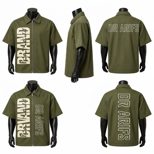 Camisa Verde Oversize de Manga Corta con Cremallera para Hombre, Cuello en Contraste y Estampado de Letras, Estilo Urbano - Product Image 5