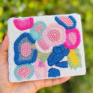 Monedero artesanal con cuentas en forma de estrella, mini cartera con cremallera, estilo bohemio, unisex, negro, gris, dorado, con patrón, bolsa con cuentas de semillas rosas. - Product Image 4