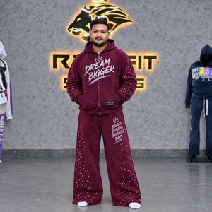 Conjunto de Sudadera con Capucha y Cremallera Completa de Forro Polar Grueso Unisex Personalizado y Pantalones de Chándal de Pierna Ancha con Detalles Gráficos, Etiqueta Personalizada, Fabricante OEM - Product Image 2