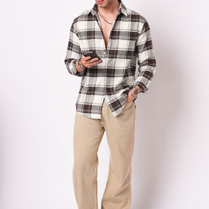 Chemise en flanelle à carreaux French Terry, manches longues, col montant, vêtement décontracté d'automne, coton/polyester, respirant, écologique - Product Image 4