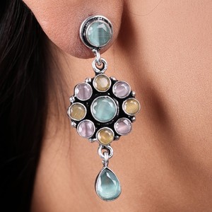 Oxidized Silver Brass Bohemia Flower Drop Earrings with Multi Stone Round Design Wholesale - Product Image 2