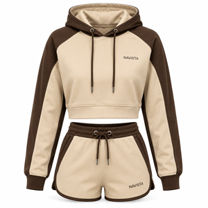 Ensemble 2 pièces pour femme, sweat à capuche court et pantalon de jogging, en molleton 100% coton écologique, avec logo personnalisé, style hiver uni, coupe motard - Product Image 5