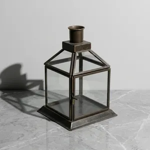 Lanterne en fer artisanale au design unique avec finition noire et panneaux en verre, modèle L889, pour la décoration de la maison - Product Image 3
