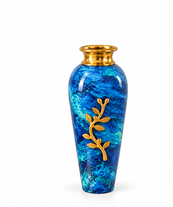 Vase décoratif en aluminium et fer forgé fait main avec finition marbre turquoise bleu et motif de branche en feuille d'or - Product Image 4