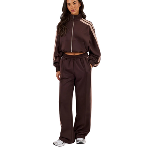 Women Full <b>Zip</b> Tracksuit Set Contrast Piping Straight Leg <b>Trousers</b> Drawstring Waist Two Piece Relaxed Streetwear Clothing - Product Image 1