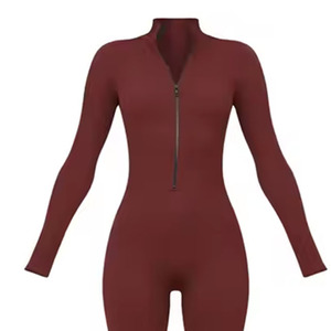 Combinaison moulante à manches longues et fermeture éclair pour femme, taille haute, couleur unie, coupe ajustée, longueur intégrale, col en V, effet ventre plat, style streetwear - Product Image 6
