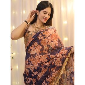 Saree en organza violet à imprimé floral avec chemisier Robe de soirée de fête - Product Image 2