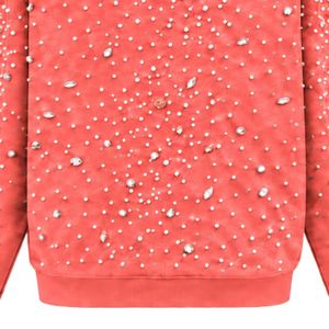 Sweat-shirt à capuche rose corail avec fermeture éclair intégrale, orné de perles, style streetwear, manches longues, avec poches avant - Product Image 6