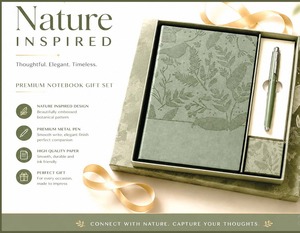 Coffret cadeau carnet et stylo à fleurs en relief vert sauge, boîte en cuir PU - Product Image 6