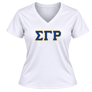 เสื้อยืดออกกำลังกายคอวีสำหรับผู้หญิง SGRHO แบบกำหนดเอง ซิกมาแกมมาโร กลุ่มพี่น้องชาวกรีก แขนสั้น เสื้อยืดกีฬาฟิตเนส ขายส่ง - Product Image 1