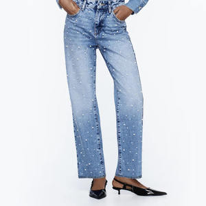 Nuevos Jeans de Mezclilla de Cintura Alta y Pierna Ancha para Mujer, con Adornos de Perlas en Toda la Superficie, para un Estilo Chic y Moderno a Bajo Precio - Product Image 4