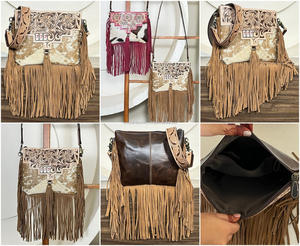 Wholesale Factory Price Handcrafted Genuine Cowhide <b>Leather</b> Fringe Bags Designer Floral <b>Tooling</b> Western Style Shoulder Purse - Product Image 3