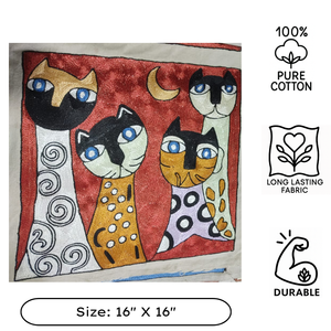 Kashmiri Artisan Silk Thread Cat Embroidered Cushion <b>Cover</b> Cotton 16 Inch Sustainable <b>Throw</b> Pillow Case Eco Friendly Zip Closure - Product Image 3