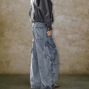 Nouveau <span class=keywords><strong>jean</strong></span> rétro personnalisé à jambes larges, coupe ample, pantalon cargo en denim multi-poches, <span class=keywords><strong>jean</strong></span> lourd à patchwork pour hommes - Product Image 4
