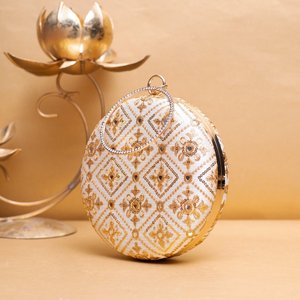 White Based Golden Threadwork Embroidery Round Clutch Bag Luxury Wedding Evening <b>Handbag</b> for Women Occasions - Product Image 2