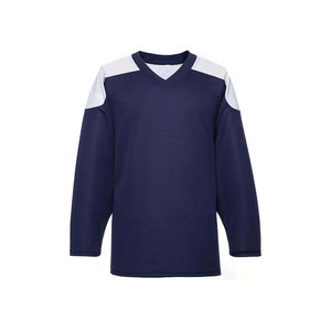 เสื้อฮอกกี้แขนยาวสีน้ำเงินกรมท่าสำหรับเด็กผู้ชาย พร้อมแผ่นไหล่สีขาว ผลิตจากโพลีเอสเตอร์แห้งเร็ว เหมาะสำหรับกีฬาฤดูหนาว - Product Image 1