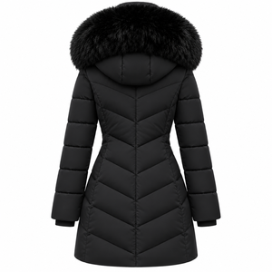 Veste d'hiver unisexe longue à capuche matelassée avec empiècements en toile, bordure en fourrure, fermeture éclair, coupe-vent, épaisse et ajustée - Product Image 2