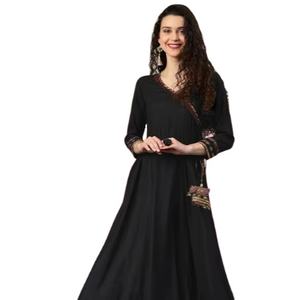 Robe Angrakha style Anarkali en rayonne imprimée pour femmes, longueur mollet, col en V, manches trois quarts, tenue ethnique traditionnelle, noir - Product Image 1