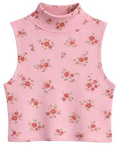 Débardeur court côtelé personnalisé à col montant sans manches avec petit imprimé floral pour femme, coupe ajustée, extensible, décontracté, tendance été - Product Image 1